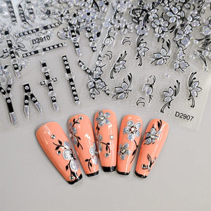 10pcs Black White Ink Glitter Flowers Nail Stickers Nail Sticker No Brand 