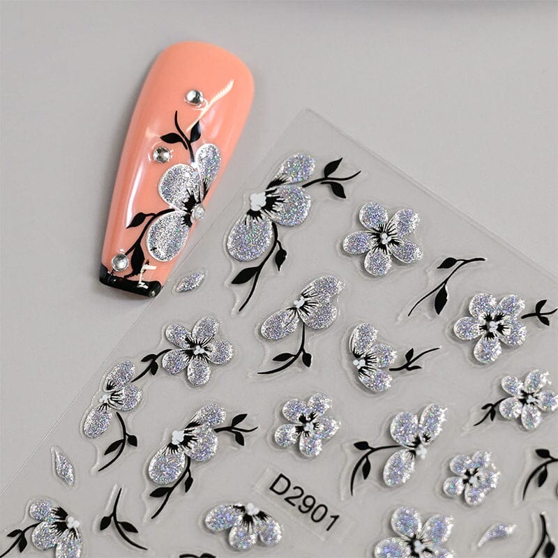 10pcs Black White Ink Glitter Flowers Nail Stickers Nail Sticker No Brand 
