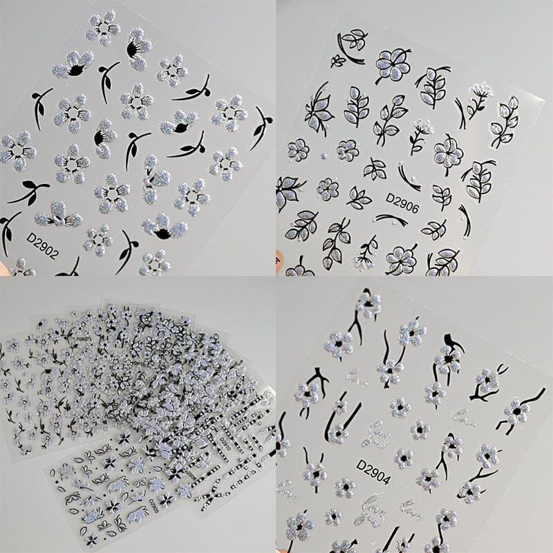 10pcs Black White Ink Glitter Flowers Nail Stickers Nail Sticker No Brand 