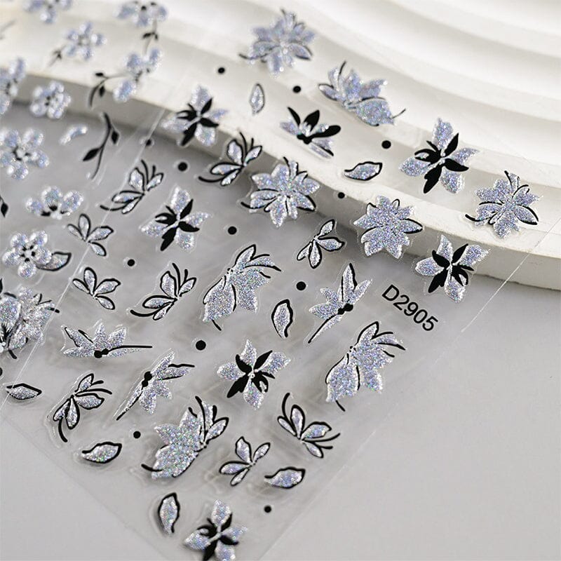 10pcs Black White Ink Glitter Flowers Nail Stickers Nail Sticker No Brand 