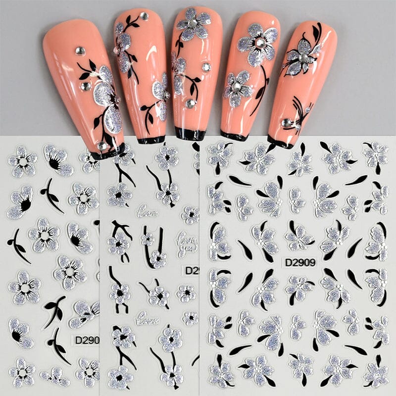 10pcs Black White Ink Glitter Flowers Nail Stickers Nail Sticker No Brand 