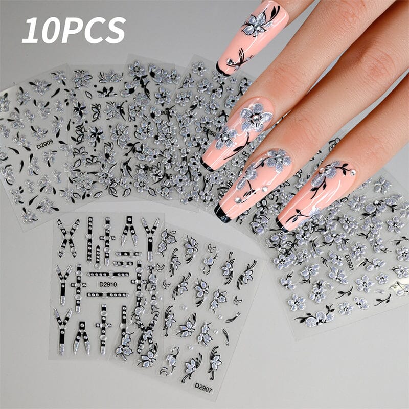 10pcs Black White Ink Glitter Flowers Nail Stickers Nail Sticker No Brand 