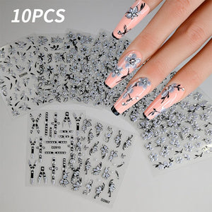 10pcs Black White Ink Glitter Flowers Nail Stickers Nail Sticker No Brand 
