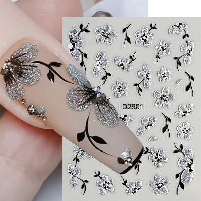 10pcs Black White Ink Glitter Flowers Nail Stickers Nail Sticker No Brand 