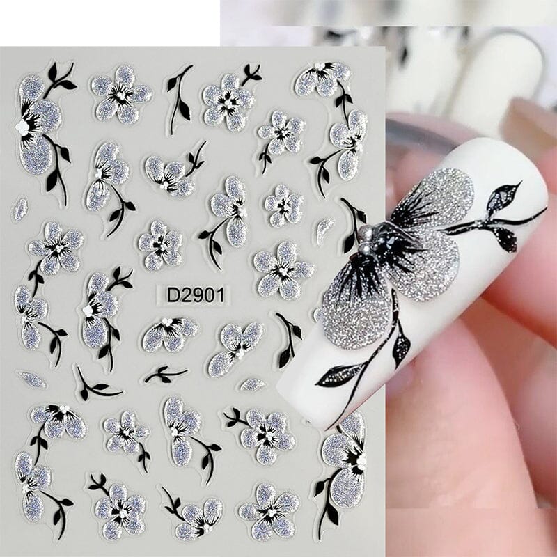 10pcs Black White Ink Glitter Flowers Nail Stickers Nail Sticker No Brand 