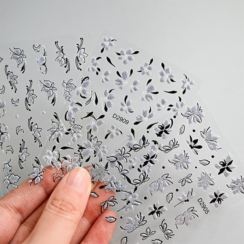 10pcs Black White Ink Glitter Flowers Nail Stickers Nail Sticker No Brand 