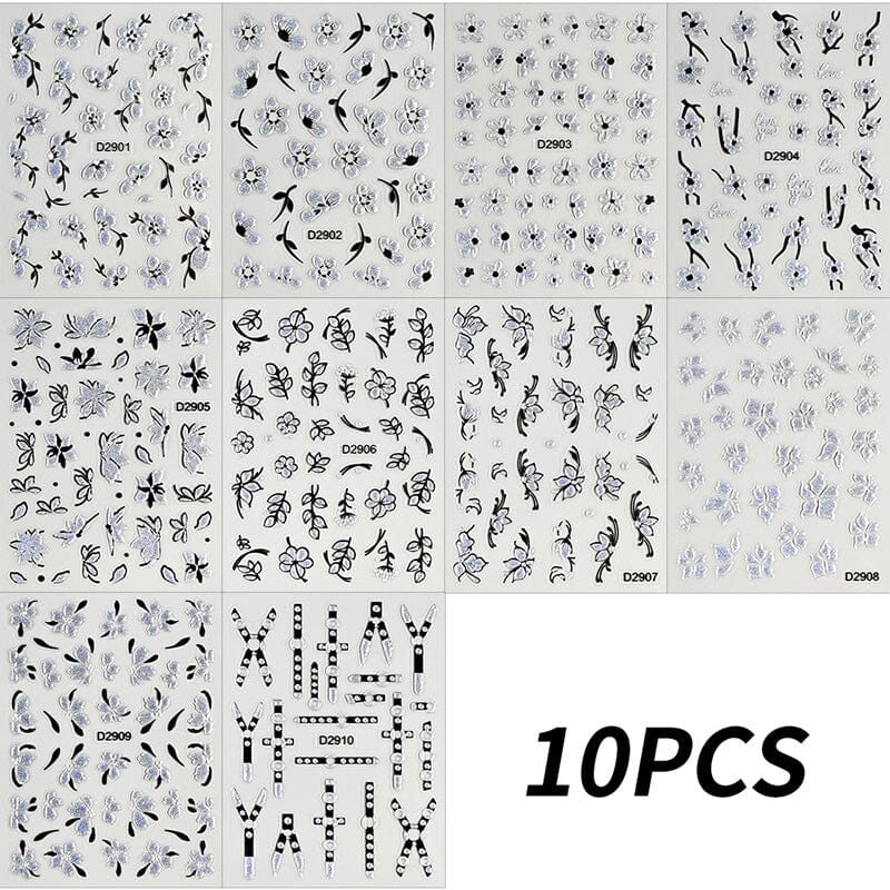 10pcs Black White Ink Glitter Flowers Nail Stickers Nail Sticker No Brand 