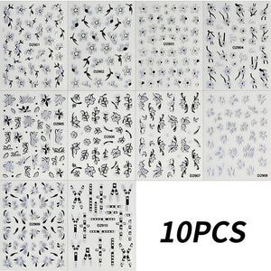 10pcs Black White Ink Glitter Flowers Nail Stickers Nail Sticker No Brand 