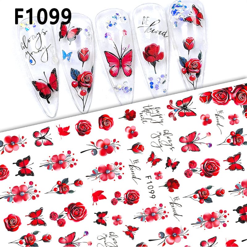 Red Butterfly Flowers 3D Nail Stickers F1099 Nail Sticker No Brand 
