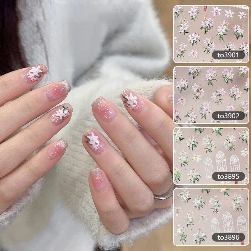 Spring Pink White Lily Flowers 5D Nail Sticker Nail Sticker No Brand 