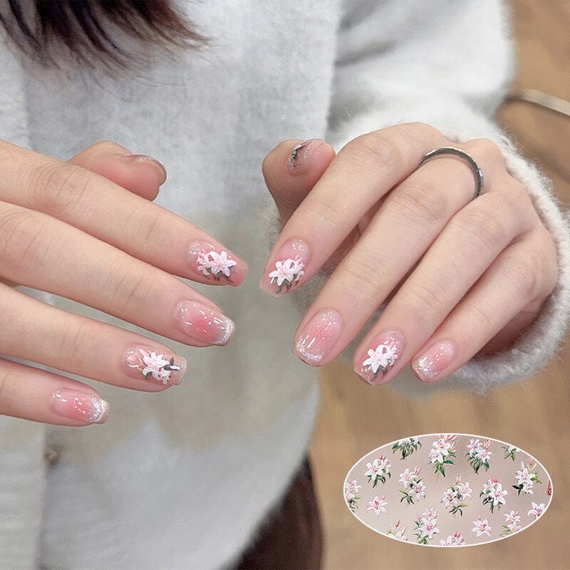Spring Pink White Lily Flowers 5D Nail Sticker Nail Sticker No Brand 