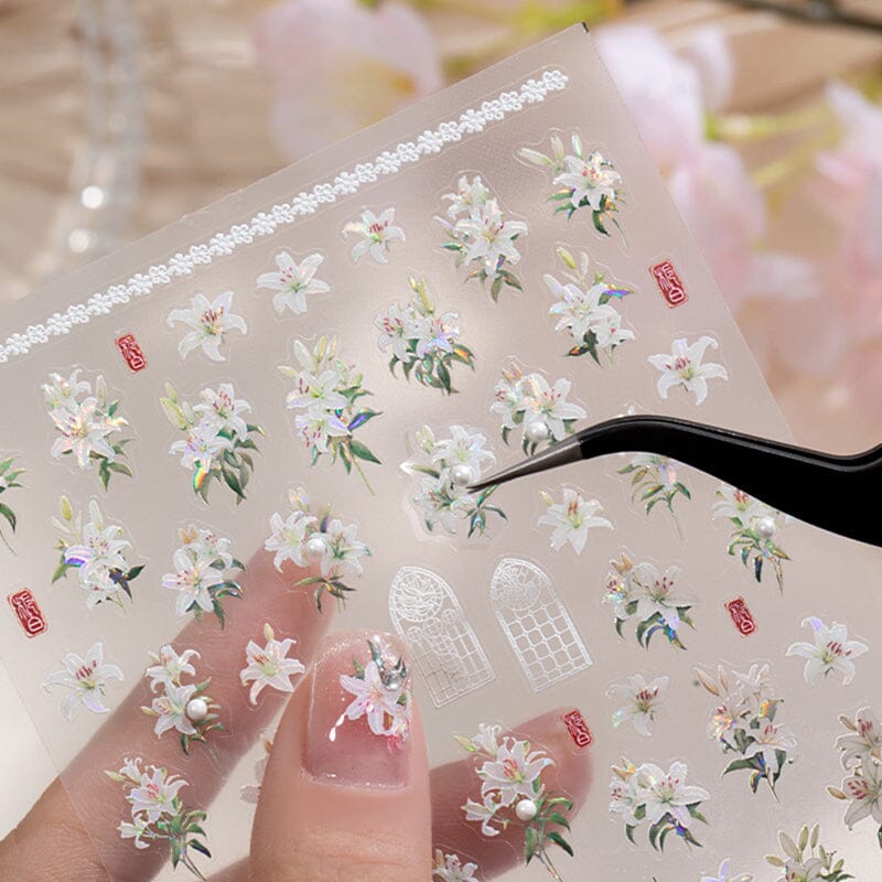 Spring Pink White Lily Flowers 5D Nail Sticker Nail Sticker No Brand 