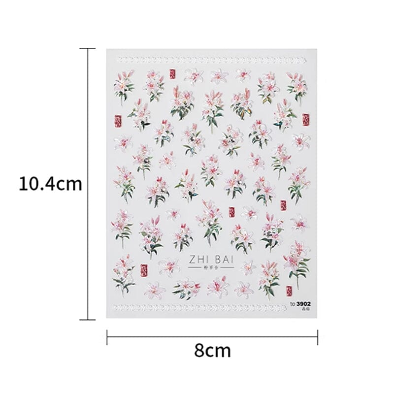 Spring Pink White Lily Flowers 5D Nail Sticker Nail Sticker No Brand 
