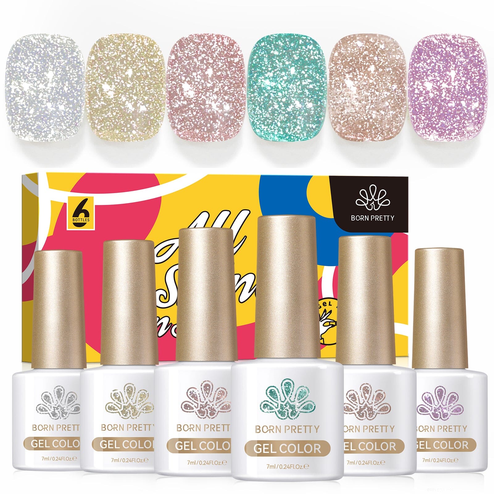 6 Colors Reflective Glitter Gel Polish Set T20 Carat Mirage 7ml Gel Nail Polish BORN PRETTY 