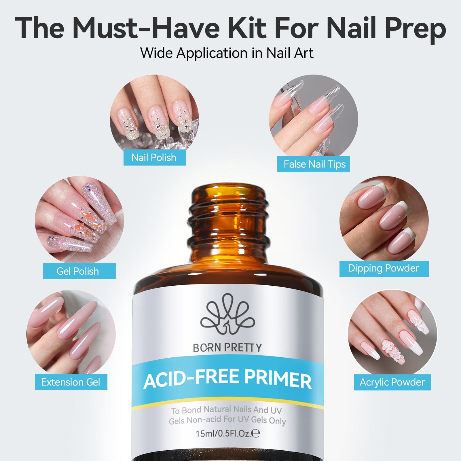 2 Bottles Set Nail Prep Dehydrator-Primer Kit 15ml Base & Top Coat BORN PRETTY 