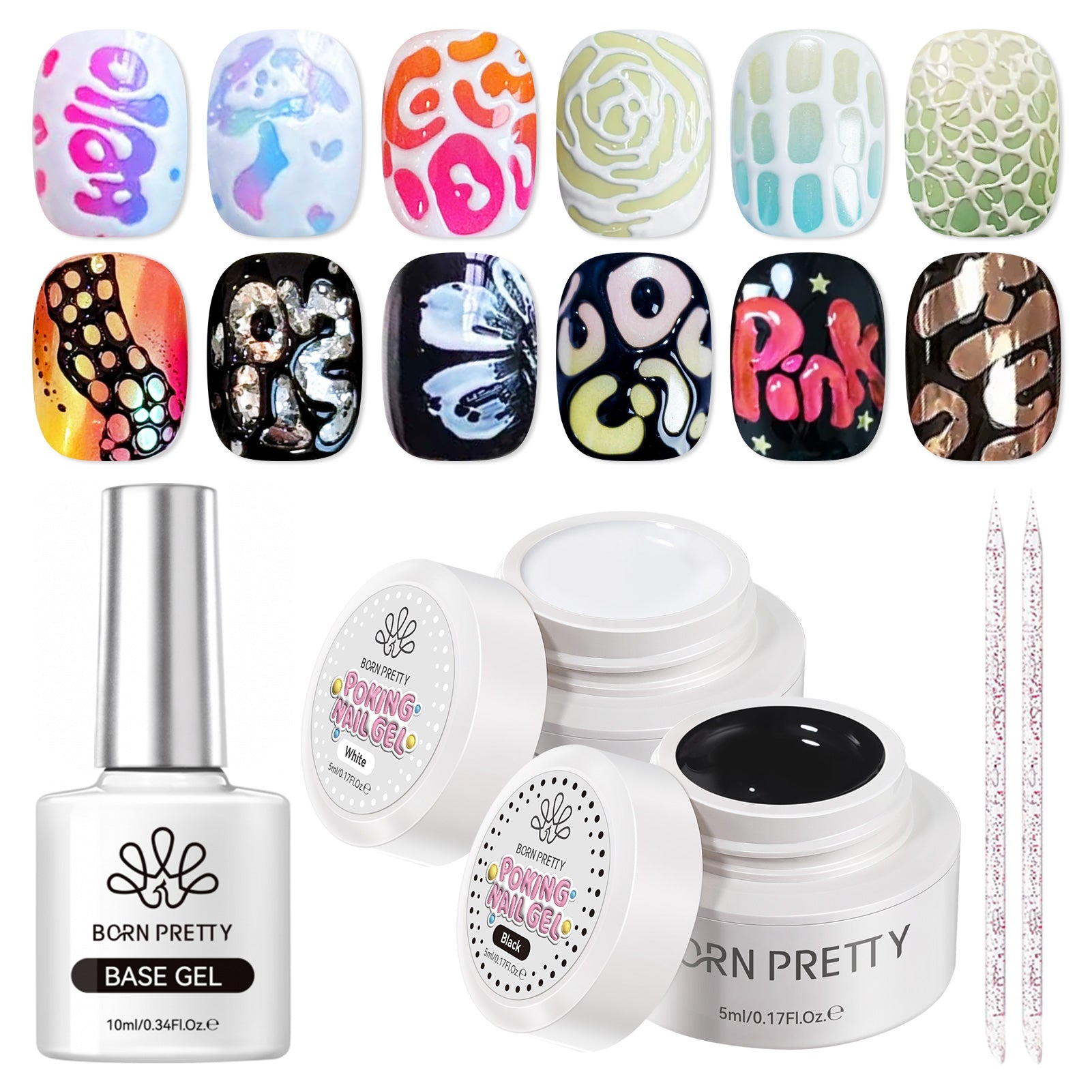 Poking Nail Gel 5ml Gel Nail Polish BORN PRETTY White+Black+Base 
