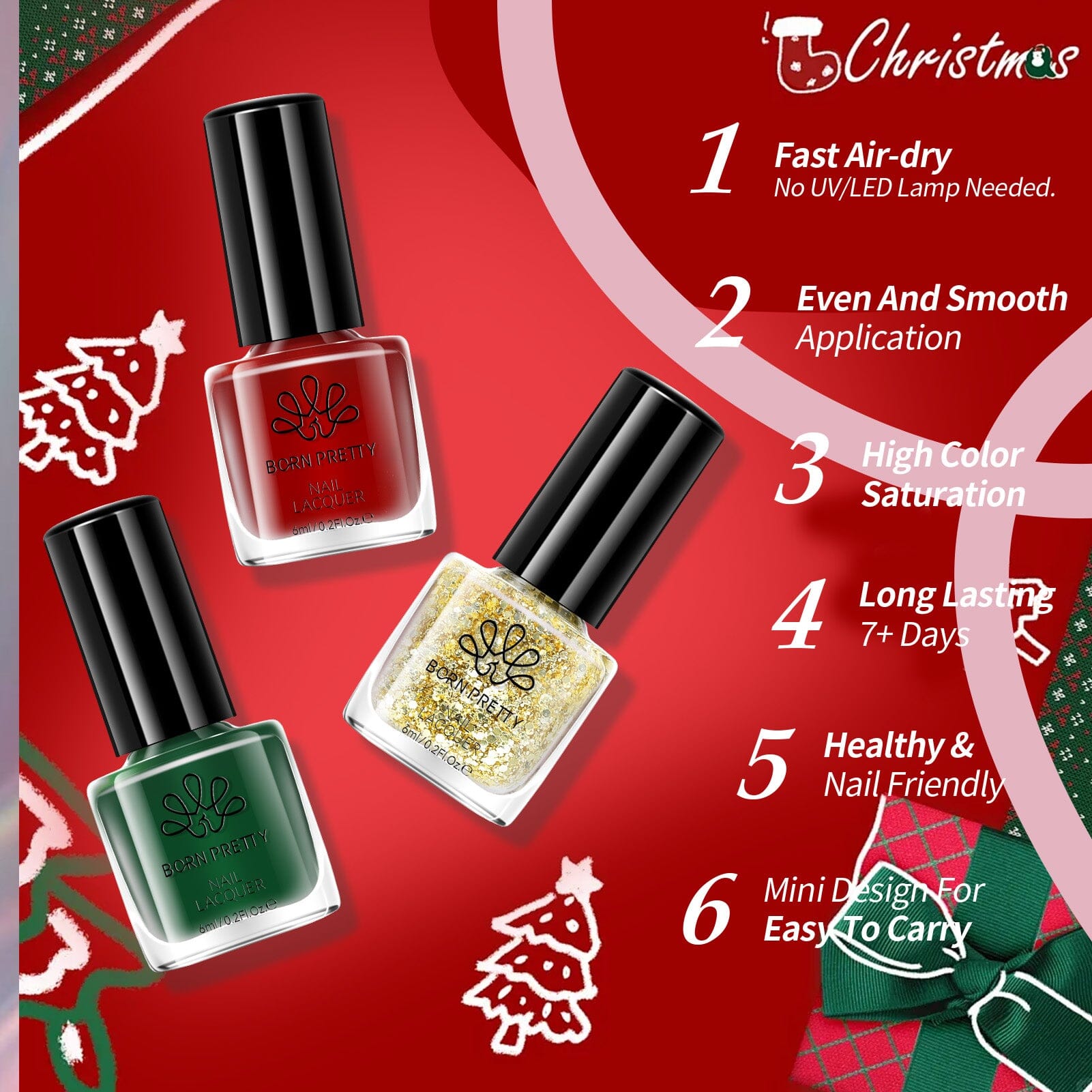 6 Bottles Nail Polish Christmas Carnival 6ml Nail Polish BORN PRETTY 