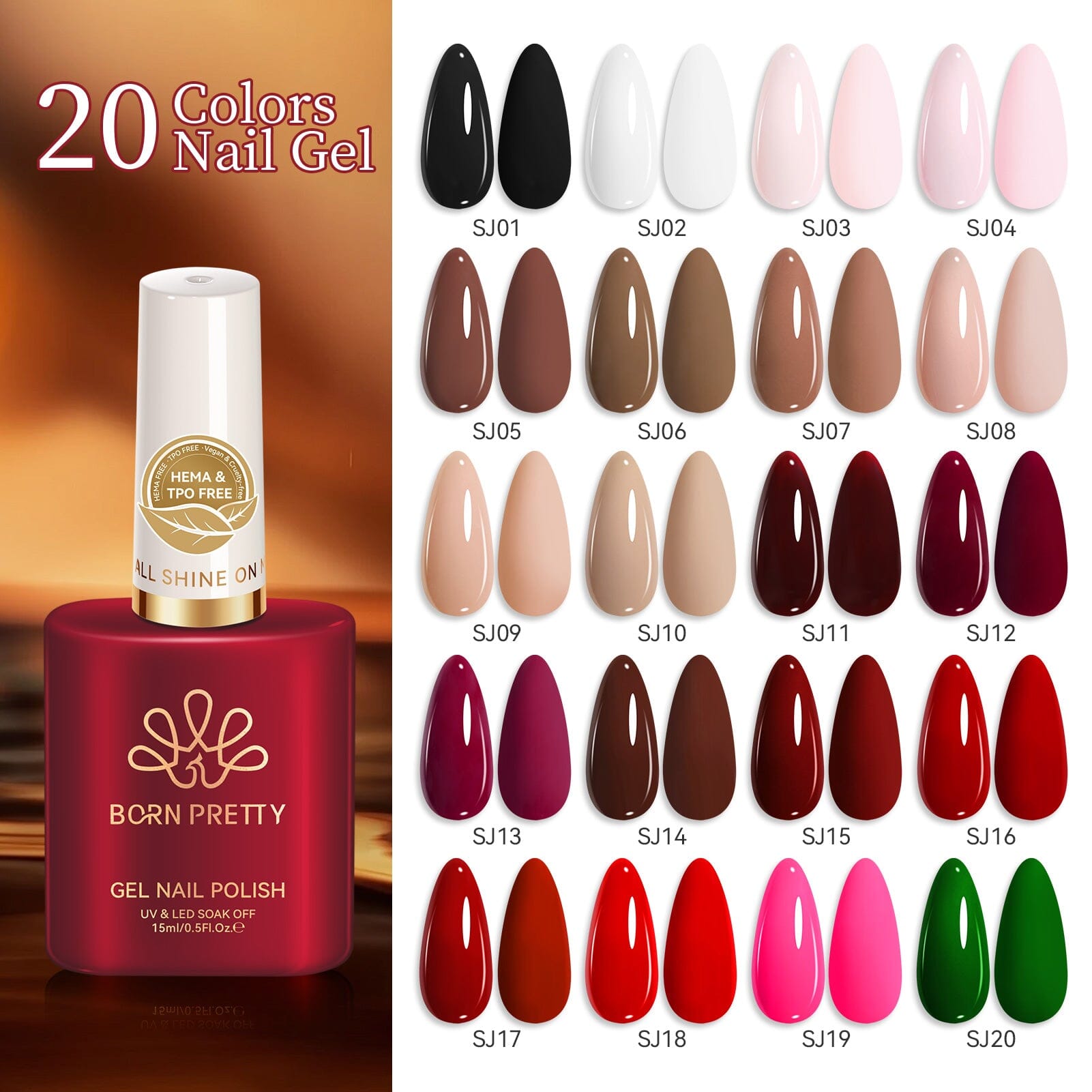 Color Nail Gel 15ml HEMA/TPO FREE Gel Nail Polish BORN PRETTY 20 Colors Set 