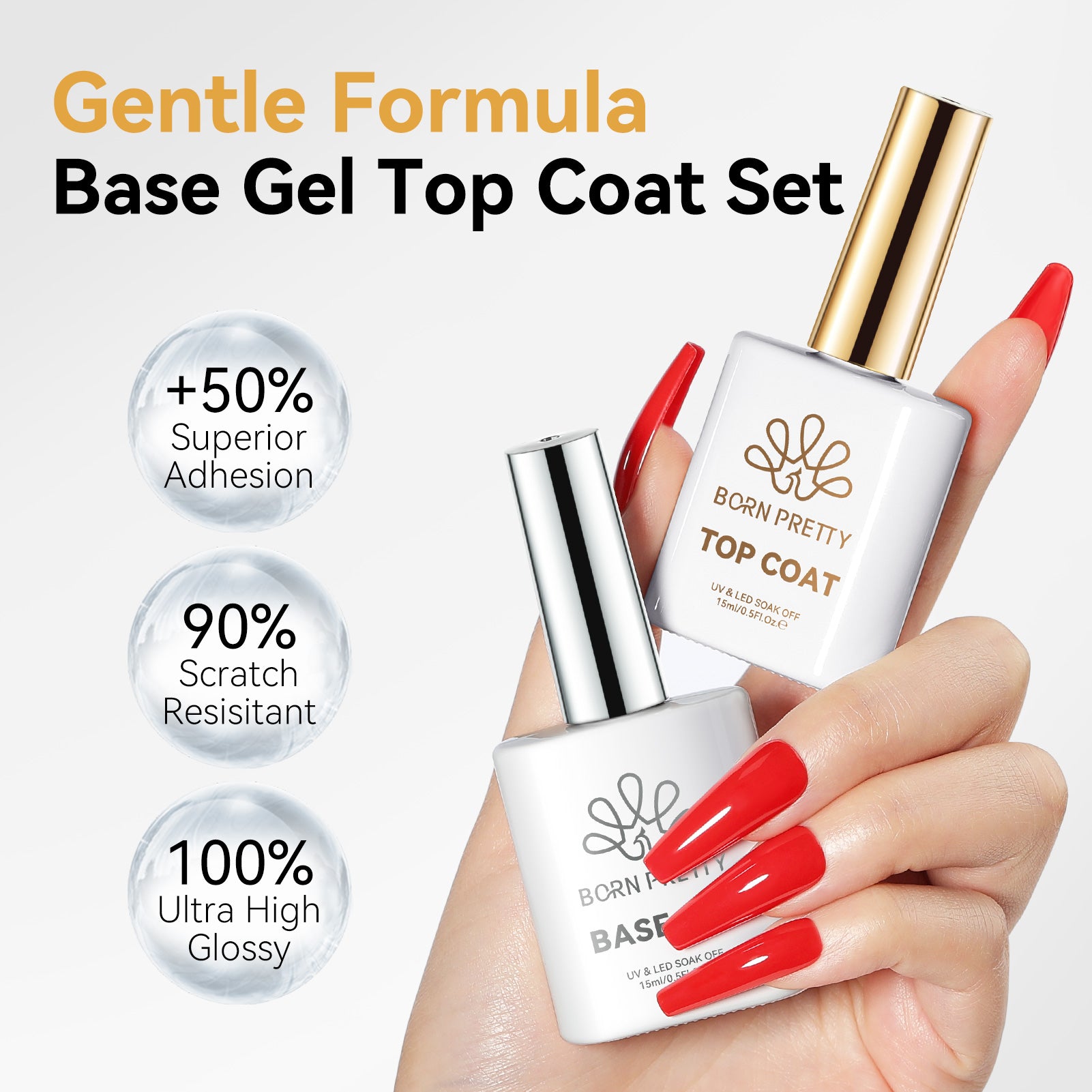 2pcs Set Base Gel Top Coat 15ml HEMA/TPO FREE Gel Nail Polish BORN PRETTY 