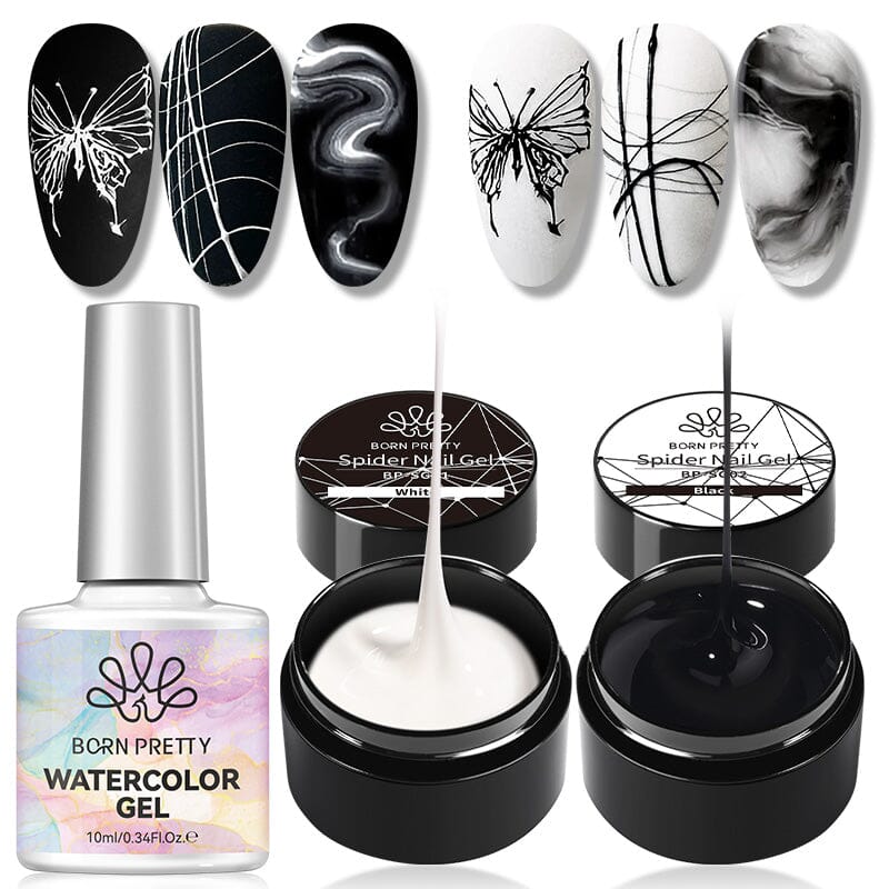 3pcs Set White Black Spider Gel & Watercolor Gel Gel Nail Polish BORN PRETTY 