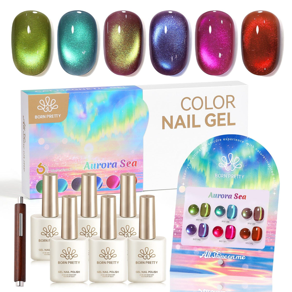 6 Colors Colored Cat Magnetic Gel M21 Aurora Sea 15ml Gel Nail Polish BORN PRETTY 