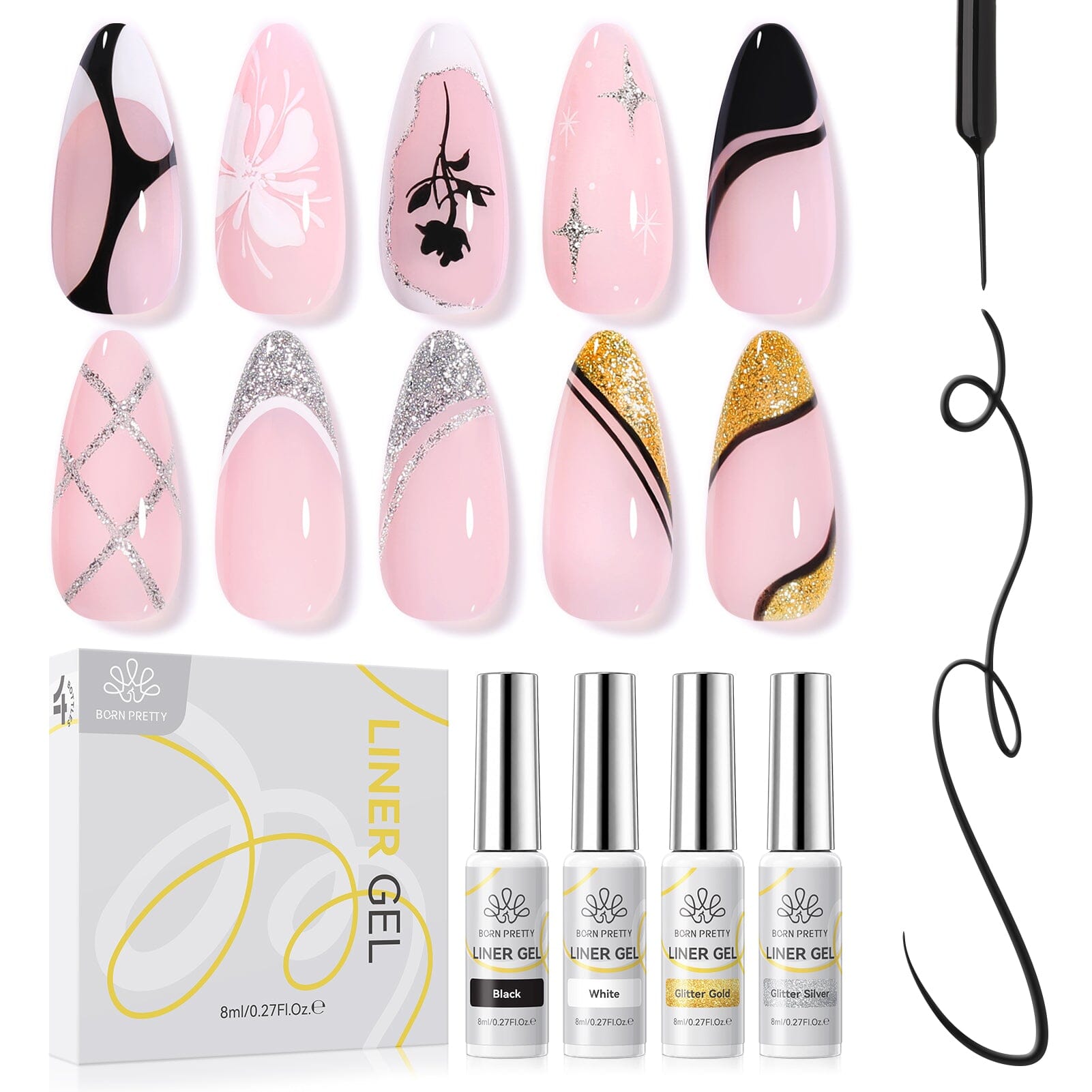 4 Colors Liner Gel Set Black White Gold Silver 8ml Gel Nail Polish BORN PRETTY 
