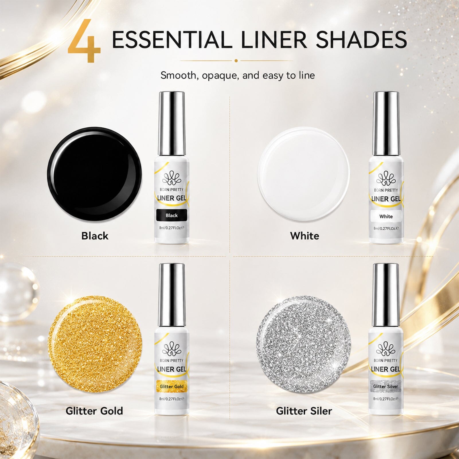 4 Colors Liner Gel Set Black White Gold Silver 8ml Gel Nail Polish BORN PRETTY 