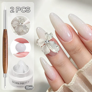 Non‑Stick Hand Builder Gel 5D Sculpting Gel 15ml Extension Nail Gel BORN PRETTY Cream White 03 & Brush Set 