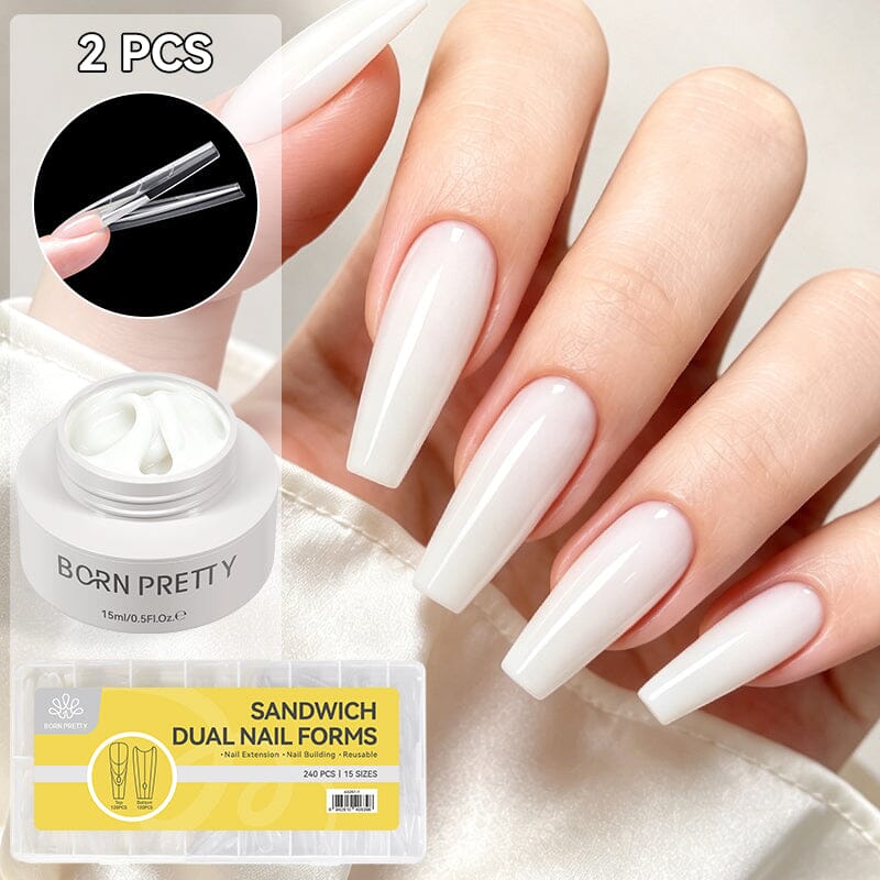 Low Heat Builder Gel & Dual Nail Forms Set Gel Nail Polish BORN PRETTY LH02 White & 240pcs Coffin 