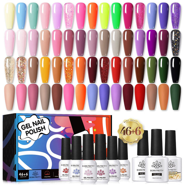 52pcs Gel Polish Set 46 Bright Colors with 6pcs Base Top Coat Kit Gel Nail Polish BORN PRETTY 