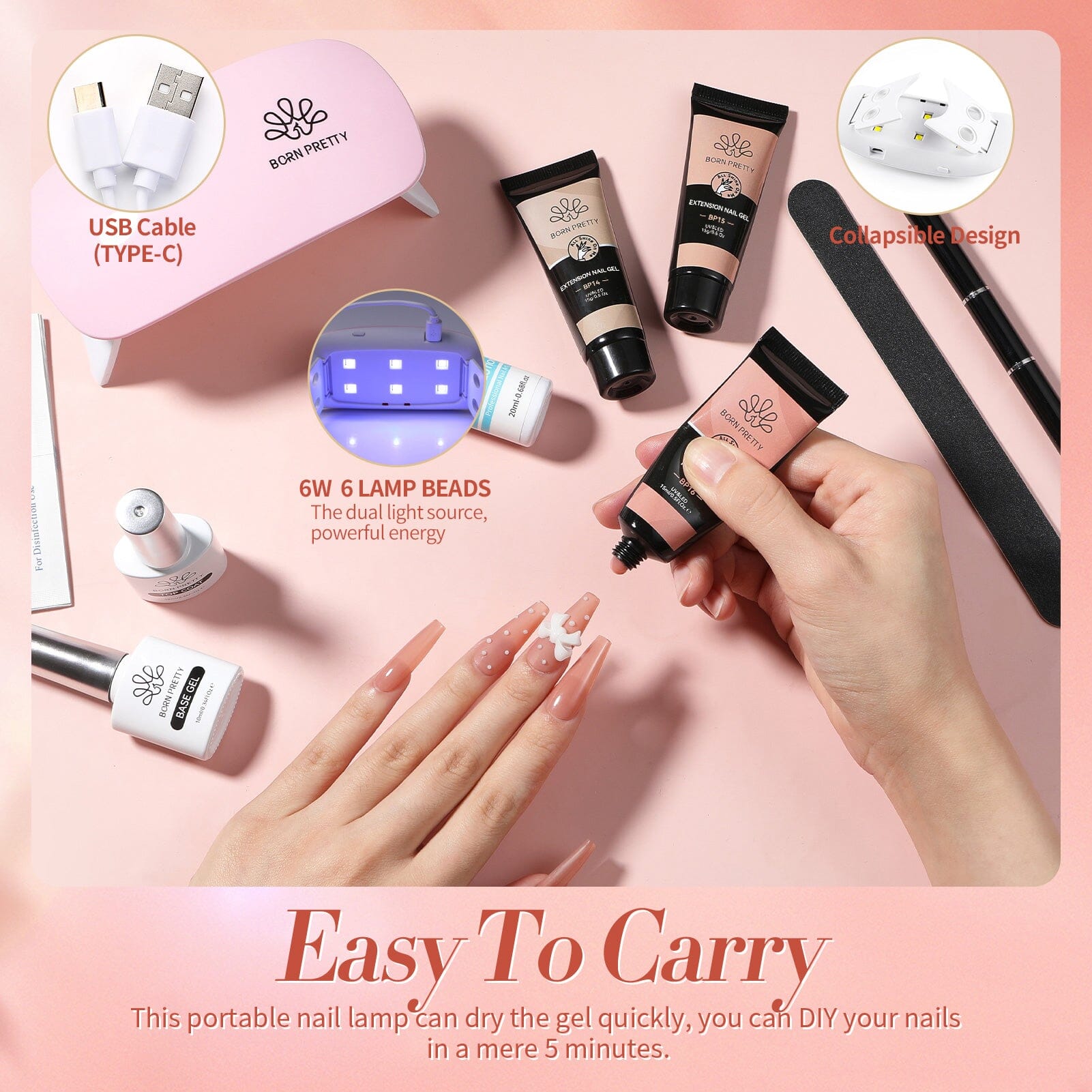 6 Colors Starter Kit Poly Extension Gel Nude 15ml Gel Nail Polish BORN PRETTY 