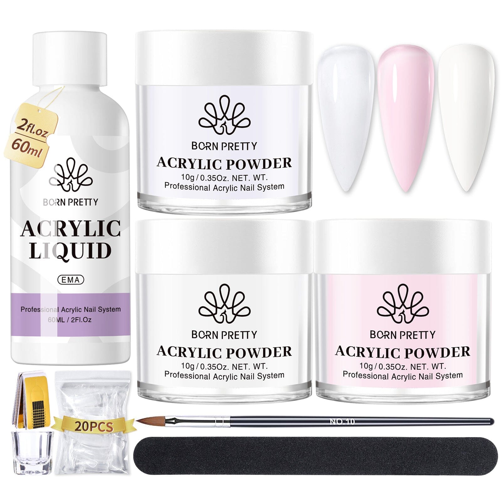 9pcs Acyrlic Nail Kit 3 Colors Acrylic Powder Liquid Tools Kit Nail Powder BORN PRETTY 