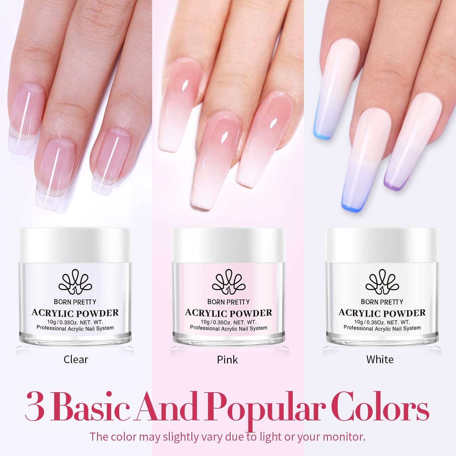 9pcs Acyrlic Nail Kit 3 Colors Acrylic Powder Liquid Tools Kit Nail Powder BORN PRETTY 