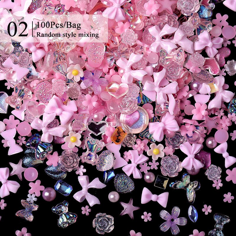 100pcs Random Mixed Pink Bowknot Heart 3D Nail Decorations Nail Decoration No Brand 