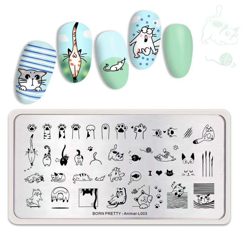 BORN PRETTY Rectangle Nail Stamping Plate Cute Cats Animal - L003 Stamping Nails BORN PRETTY 